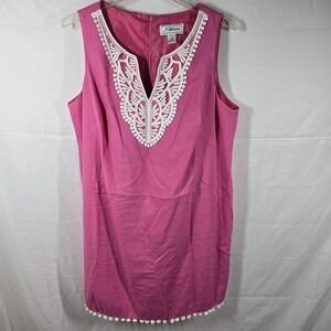 J Howard Women's Pink Sleeveless Dress Size 18W Embroidered Neckline Linen Blend